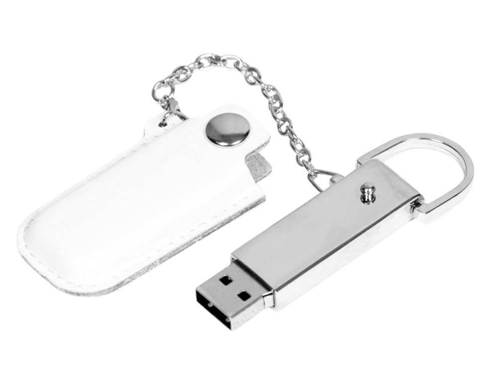 Флешка в массивном корпусе с кожаным чехлом, 8 Гб, белый, белый, серебристый