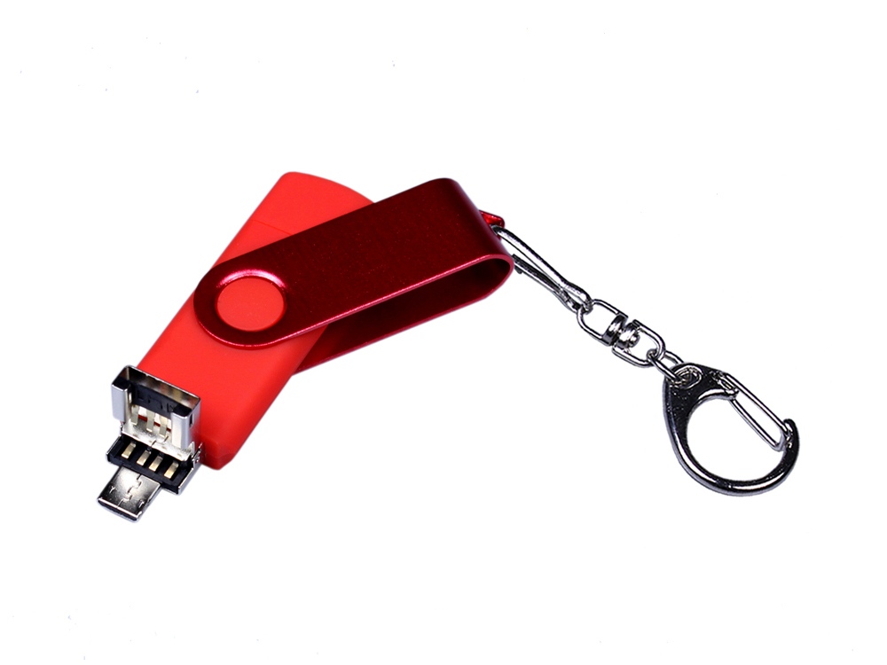USB-флешка на 16 Гб 3 в 1 поворотный механизм, c двумя дополнительными разъемами MicroUSB и TypeC C с одноцветным металлическим клипом, красный