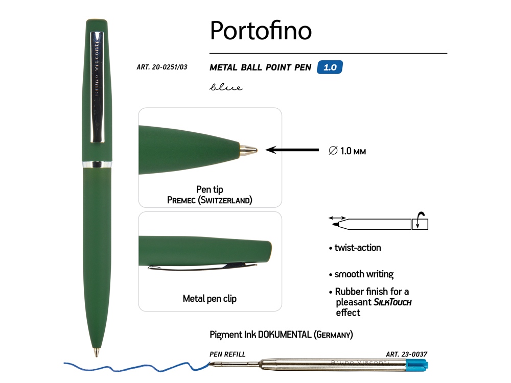 Ручка металлическая шариковая Portofino, софт-тач, 1.0 мм, зеленый