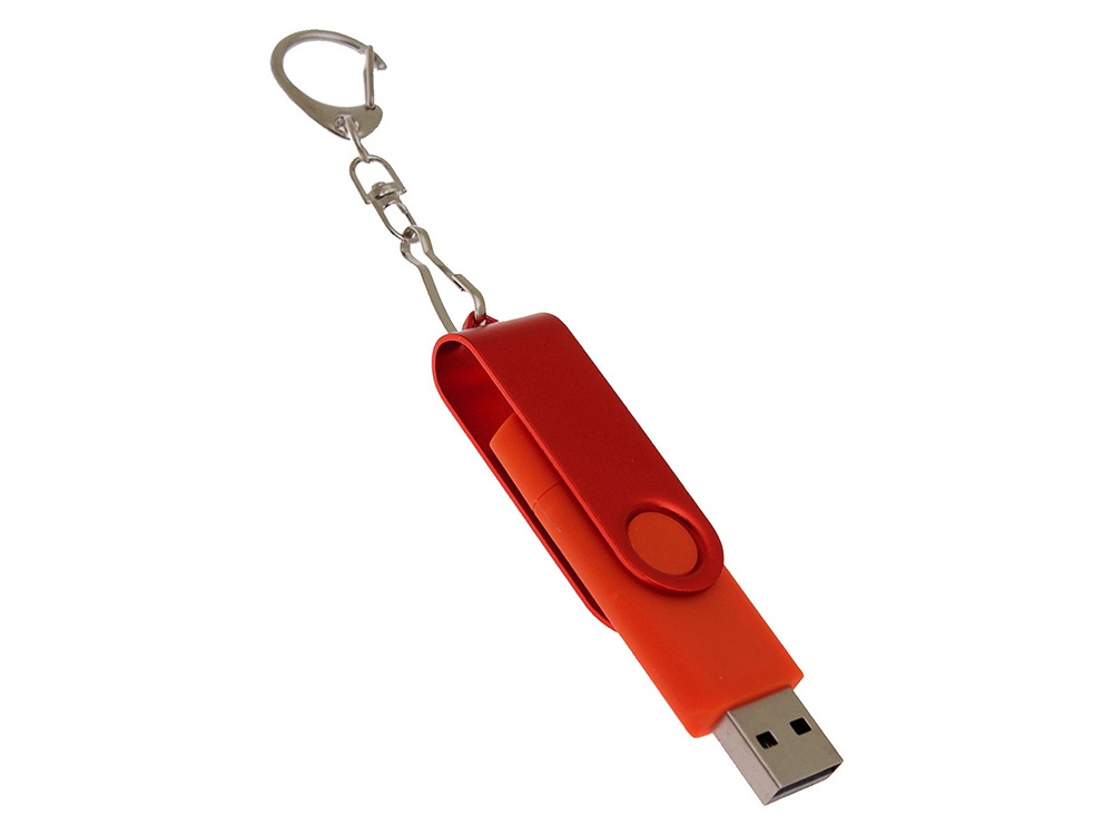 USB-флешка на 64 Гб 2 в 1 поворотный механизм, c дополнительным разъемом Type-C с одноцветным металлическим клипом, красный