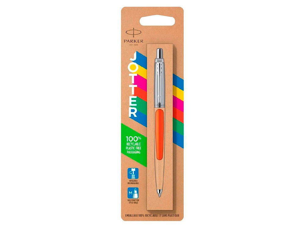 Шариковая ручка Parker Jotter ORIGINALS ORANGE CT, стержень: M blue ЭКО-УПАКОВКА, оранжевый, серебристый