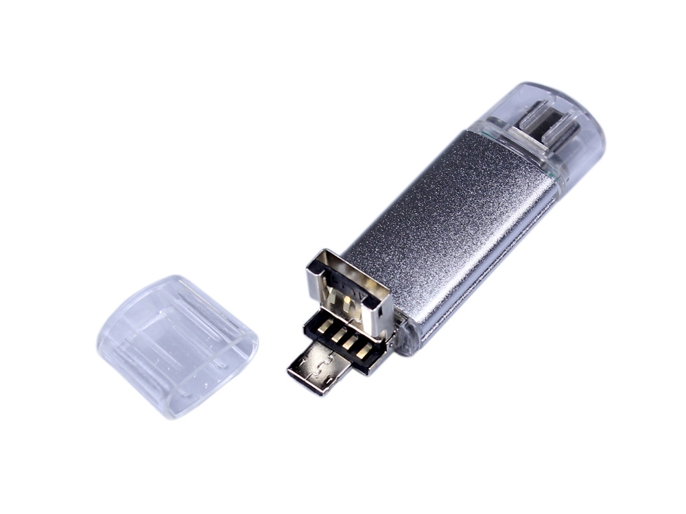 USB-флешка на 32 Гб c двумя дополнительными разъемами MicroUSB и TypeC, серебро, серебристый