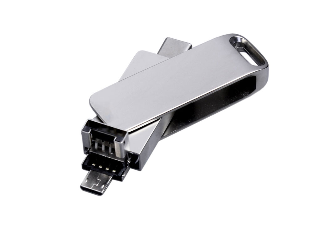 USB 2.0-флешка на 64 Гб поворотный механизм, c дополнительным разъемом Micro USB с одноцветным металлическим клипом, серебристый